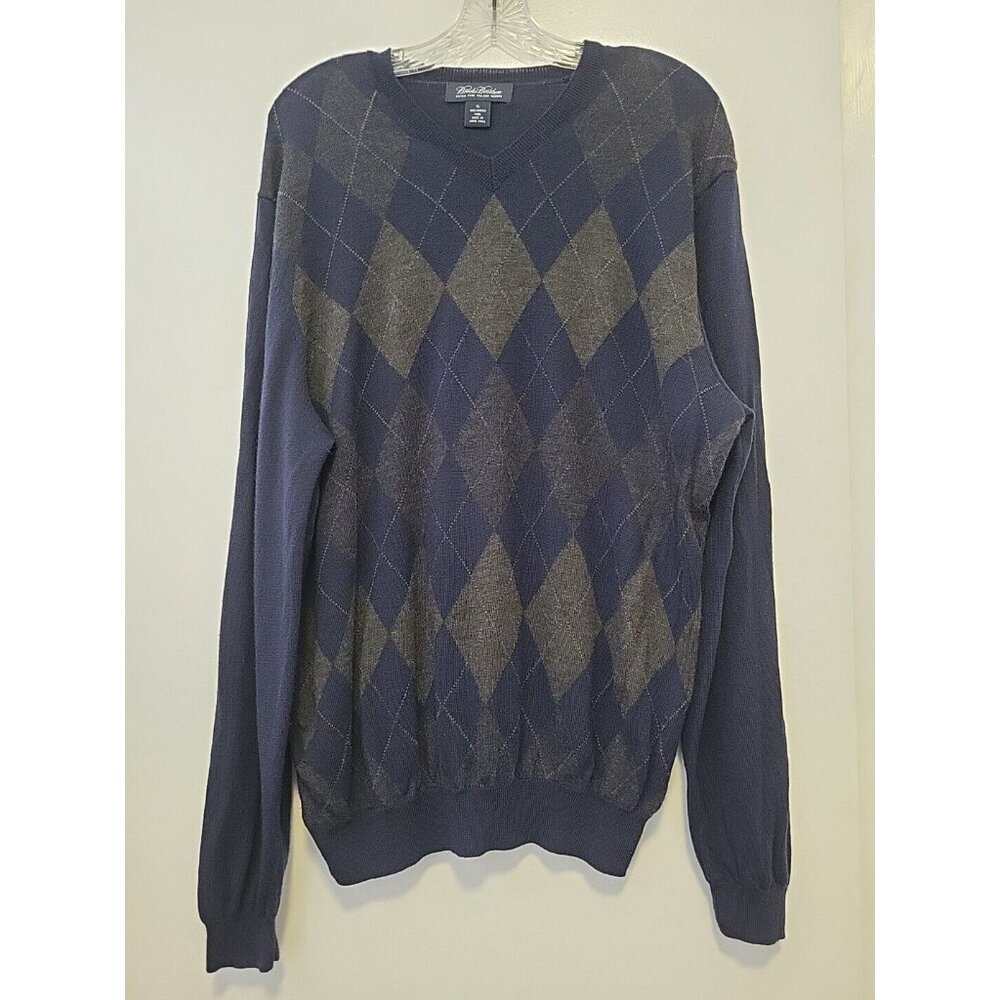 Brooks Brothers Mens Argyle Sweater Extra Fine Merino Wool Navy Blue Gray XL